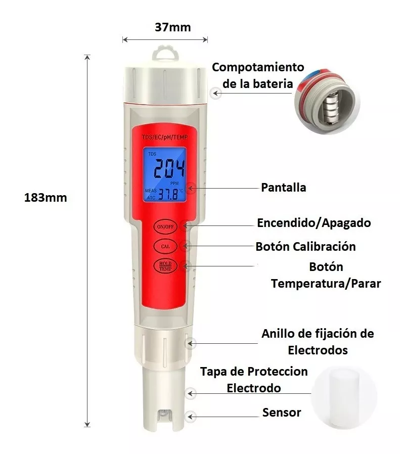 PHmetro digital ELECTROILUMINADO medidor PH + TDS + EC + TEMP - Imagen 2