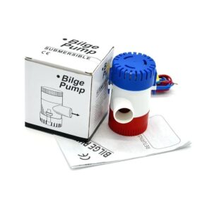 Bomba sentina flujo GPH1100 , volts 24V ; corriente 3 Amp ; altura cabeza 4 metros ; longitud cable 1mt ; diam salida 29mm ;